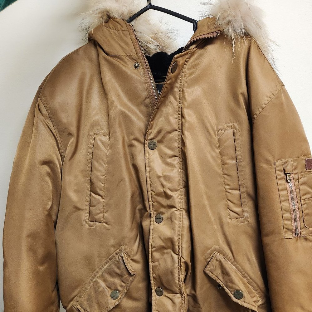 Sean John Tan Full Zip Down Filled Puffer Jacket Racoon Fur Hood Vintage Y2K